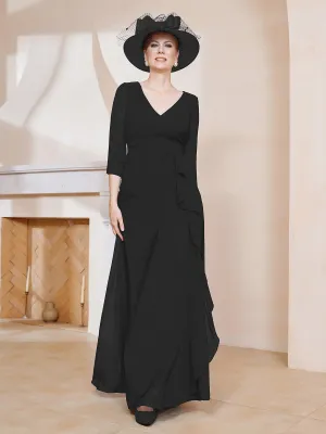 3/4-Length Sleeves V-neck Pleated Long Dress Black
