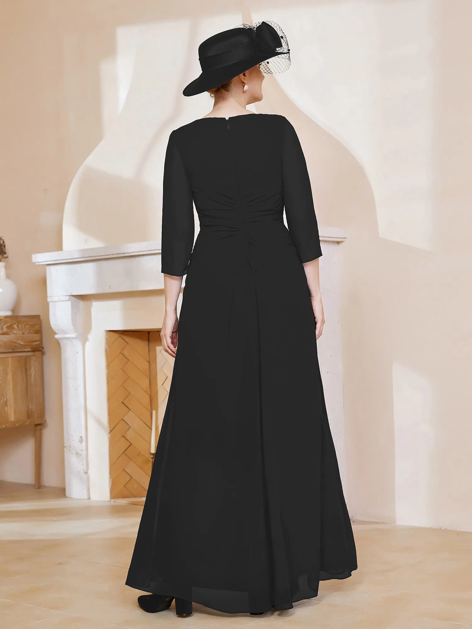 3/4-Length Sleeves V-neck Pleated Long Dress Black