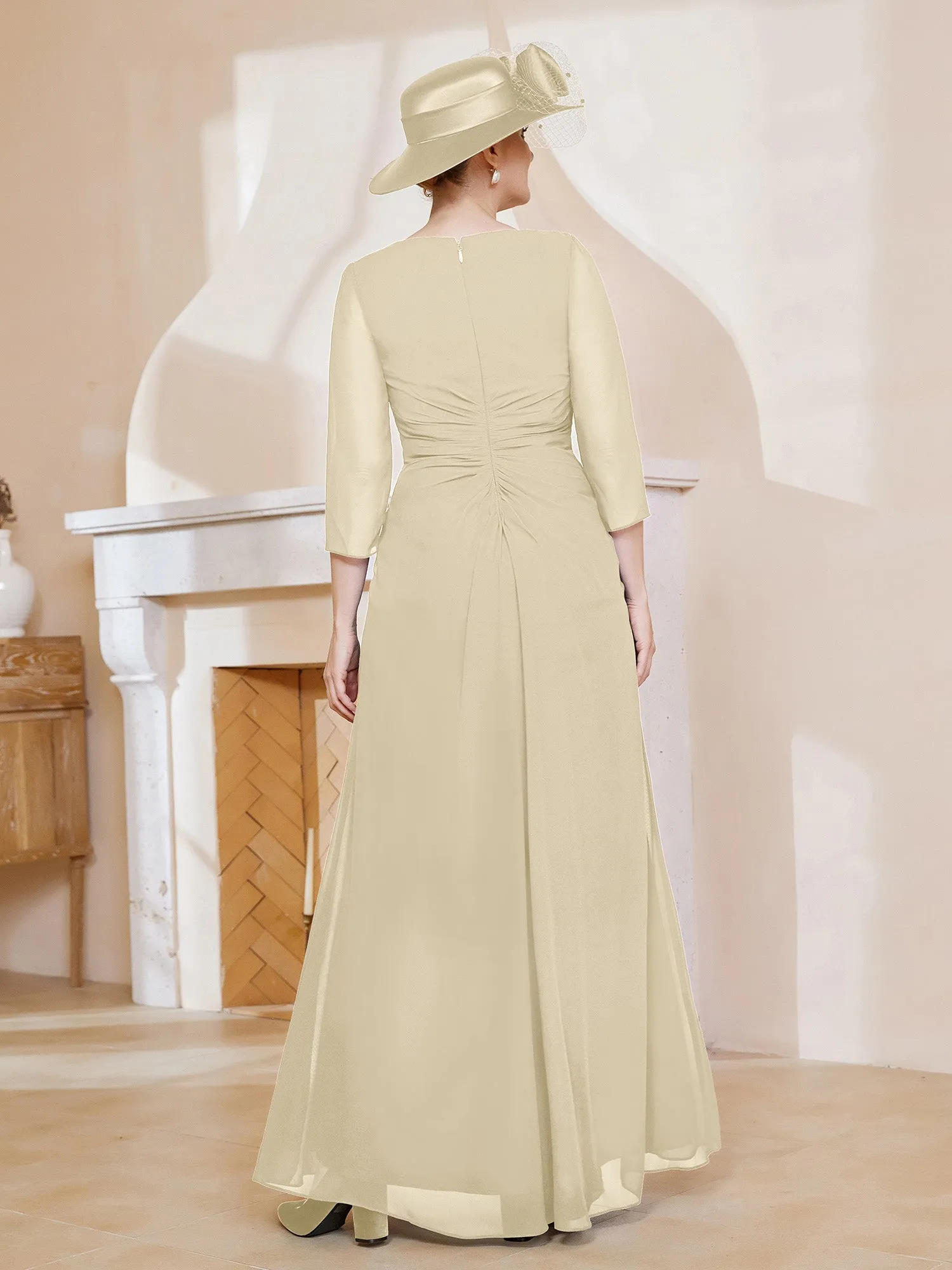 3/4-Length Sleeves V-neck Pleated Long Dress Champagne