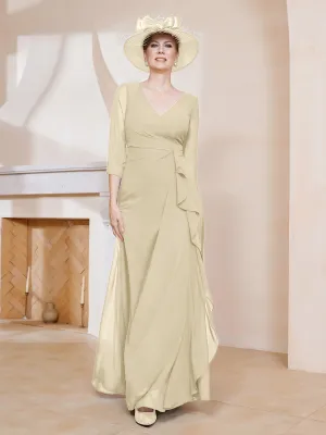 3/4-Length Sleeves V-neck Pleated Long Dress Champagne