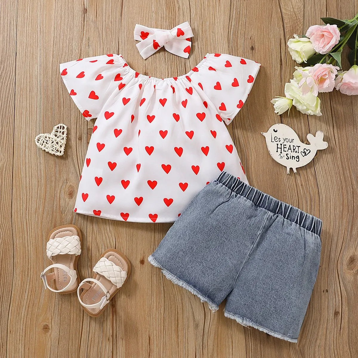3pcs Toddler Girl Heart Print Short-sleeve Blouse and Denim Shorts & Headband Set