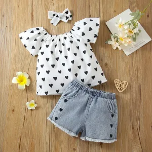 3pcs Toddler Girl Heart Print Short-sleeve Blouse and Denim Shorts & Headband Set