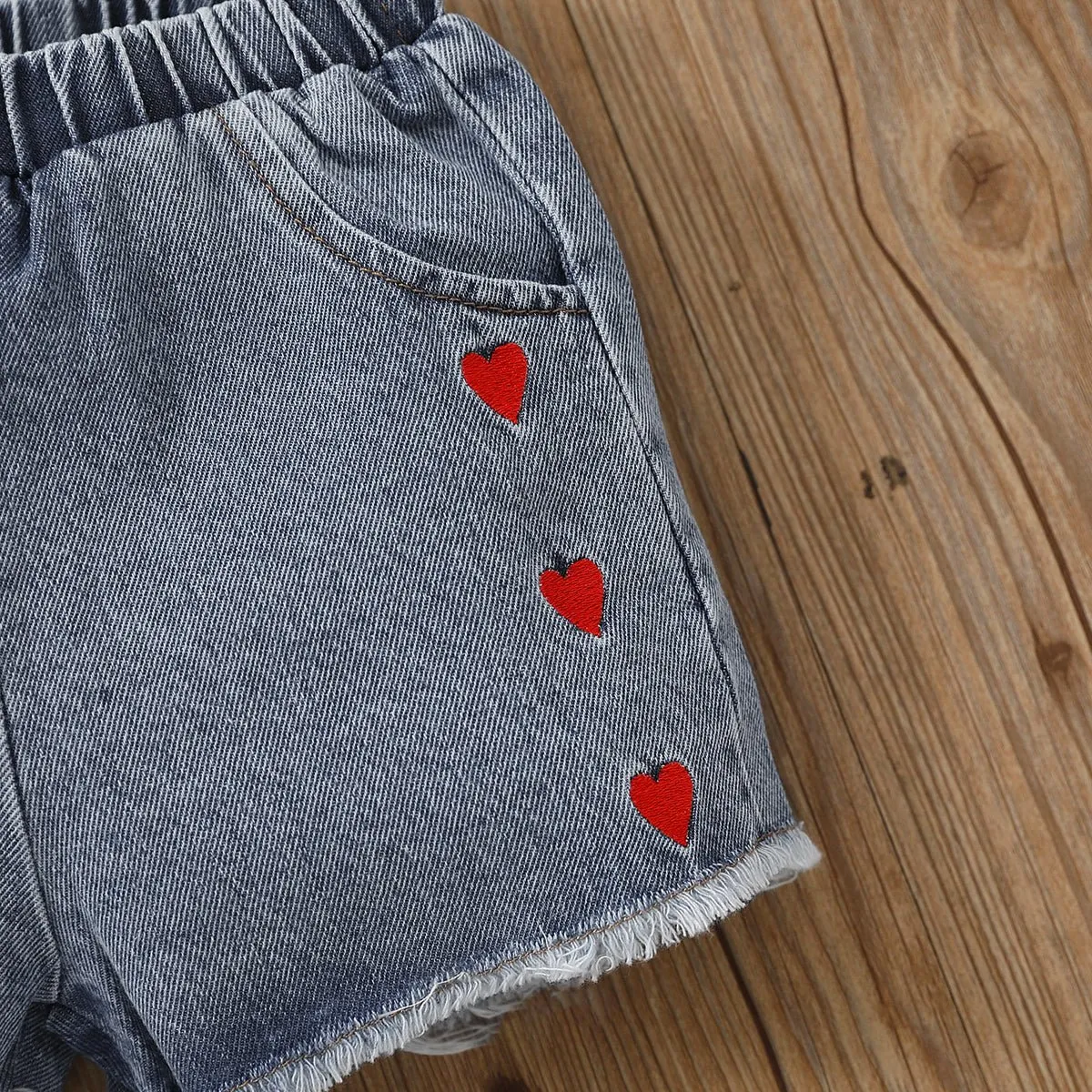 3pcs Toddler Girl Heart Print Short-sleeve Blouse and Denim Shorts & Headband Set