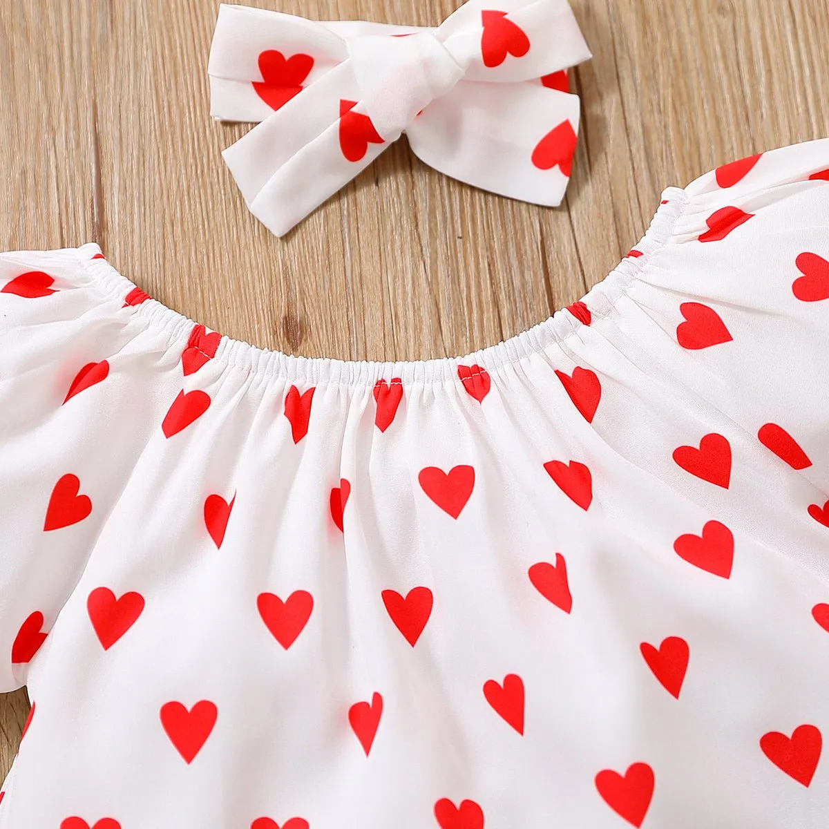 3pcs Toddler Girl Heart Print Short-sleeve Blouse and Denim Shorts & Headband Set