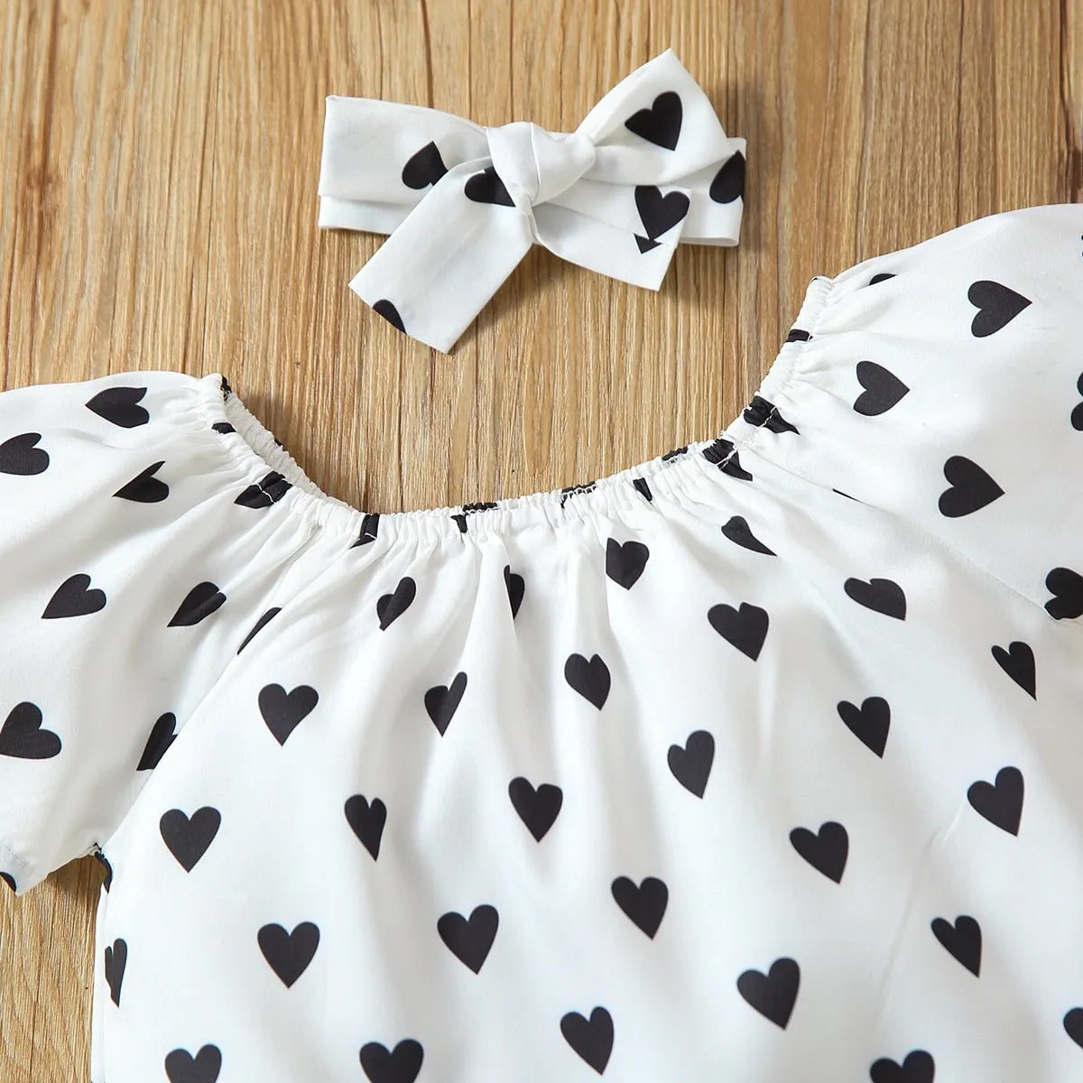 3pcs Toddler Girl Heart Print Short-sleeve Blouse and Denim Shorts & Headband Set