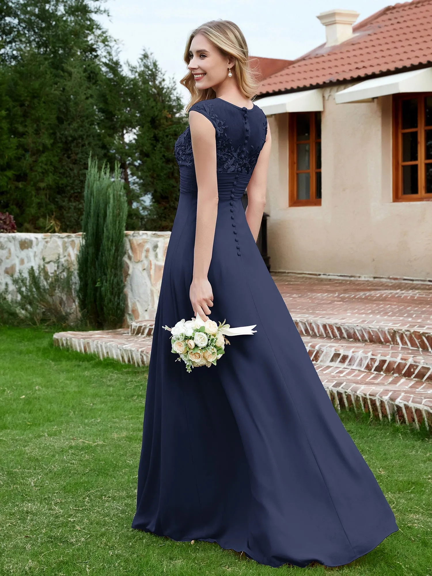 A-Line Chiffon Dress with Illusion Neckline Dark Navy Plus Size