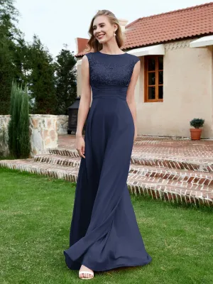 A-Line Chiffon Dress with Illusion Neckline Dark Navy Plus Size
