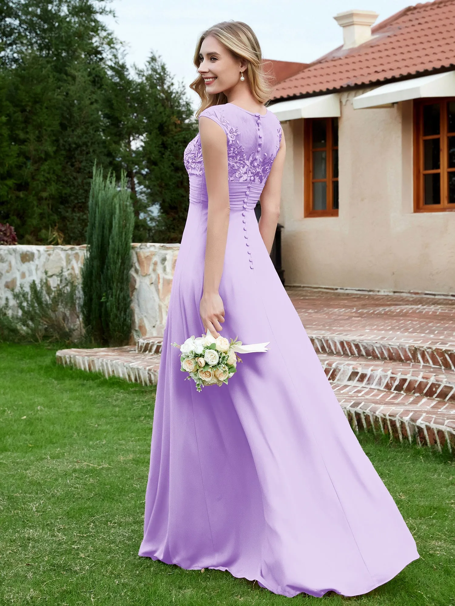 A-Line Chiffon Dress with Illusion Neckline Lilac Plus Size