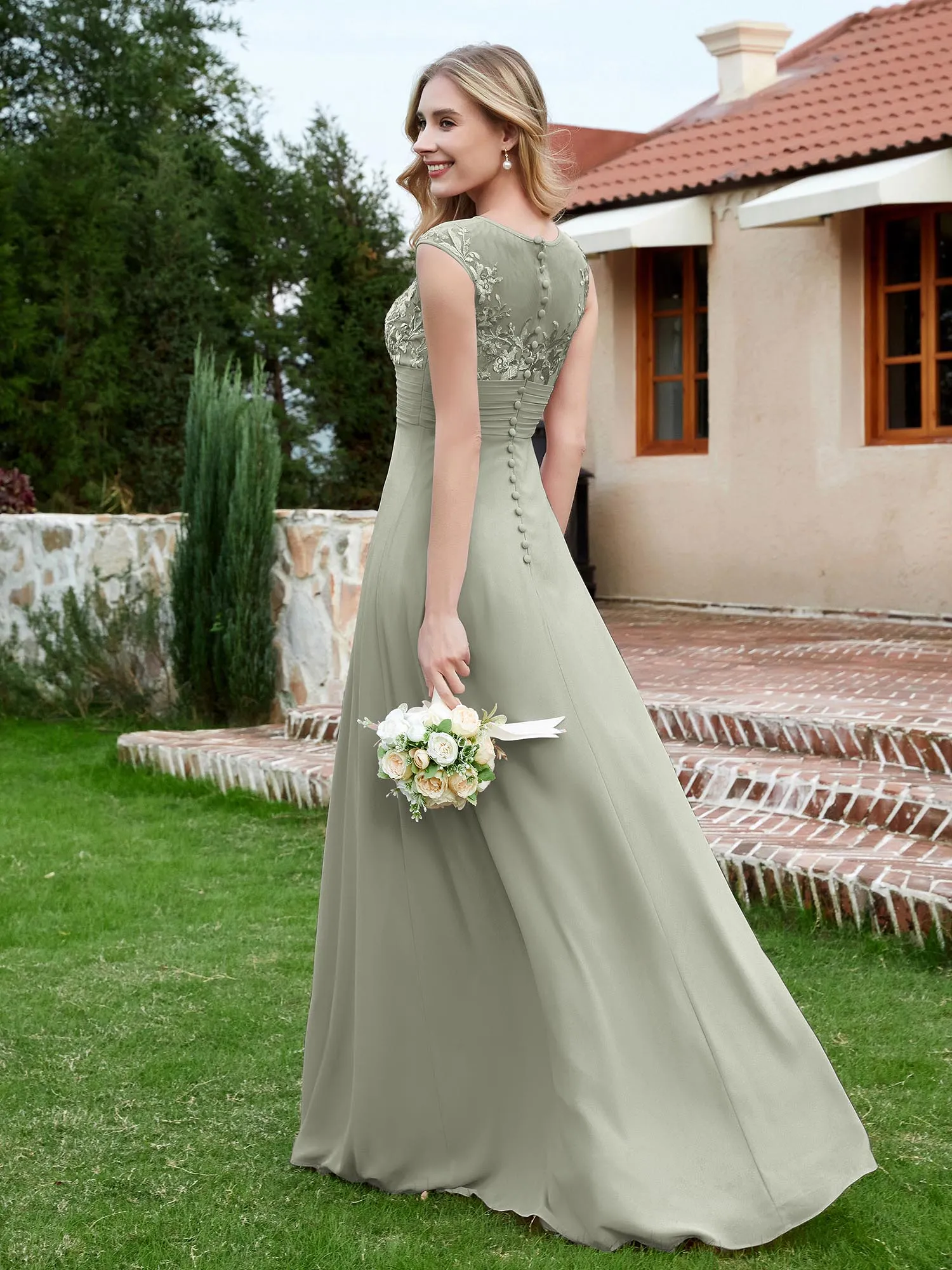 A-Line Chiffon Dress with Illusion Neckline Silver Plus Size