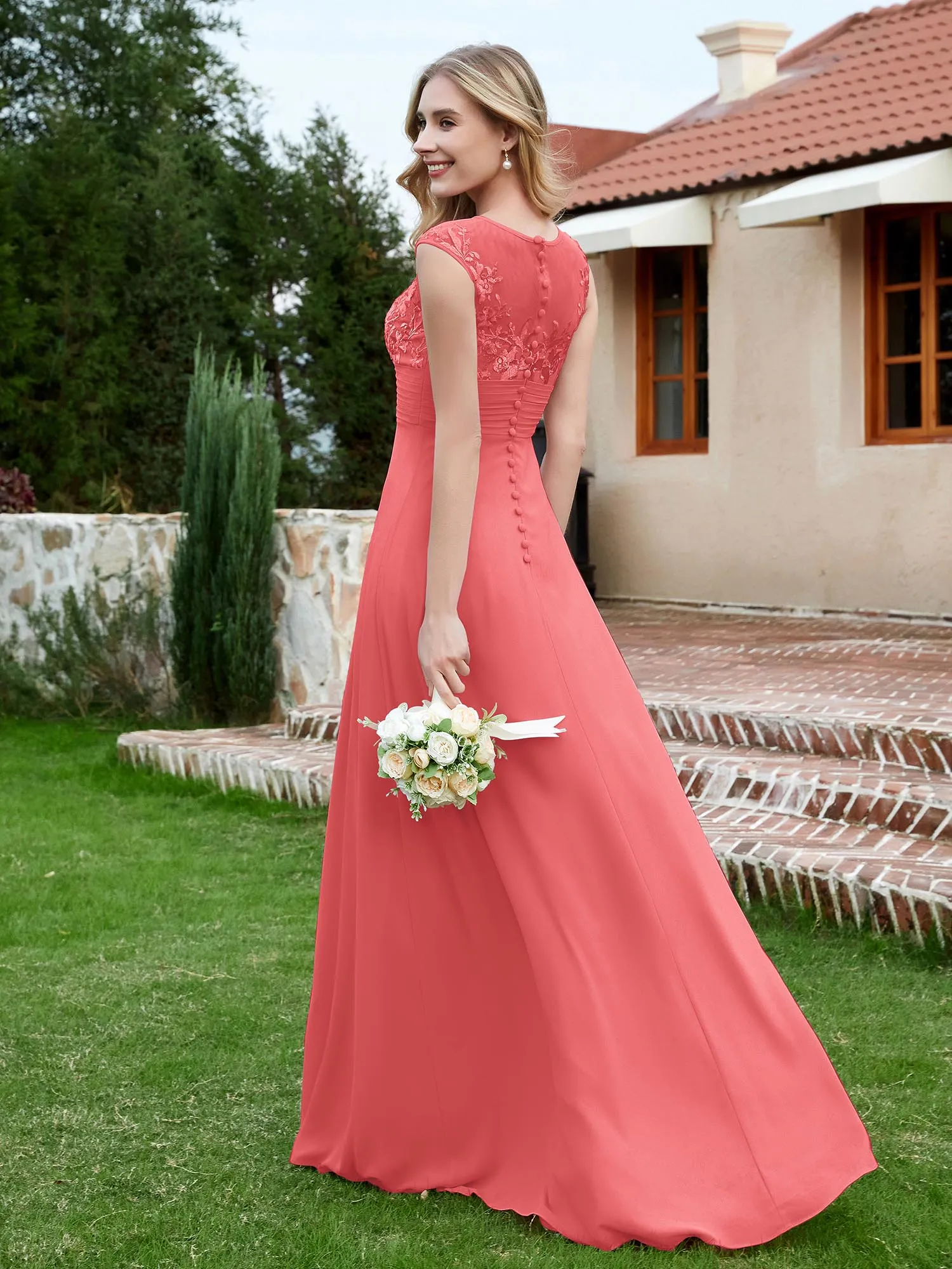 A-Line Chiffon Dress with Illusion Neckline Watermelon Plus Size