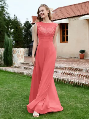 A-Line Chiffon Dress with Illusion Neckline Watermelon Plus Size