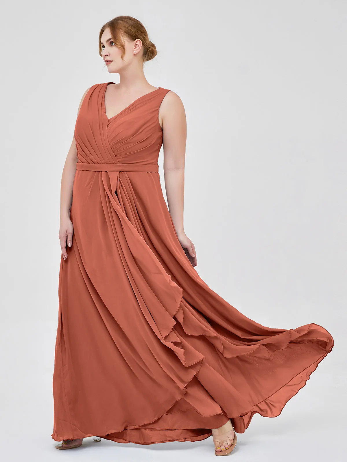 A-line Chiffon Open Back Dress With V-Neck Rust