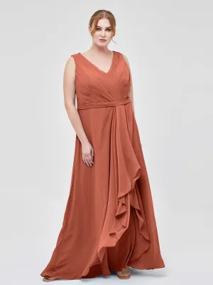 A-line Chiffon Open Back Dress With V-Neck Rust