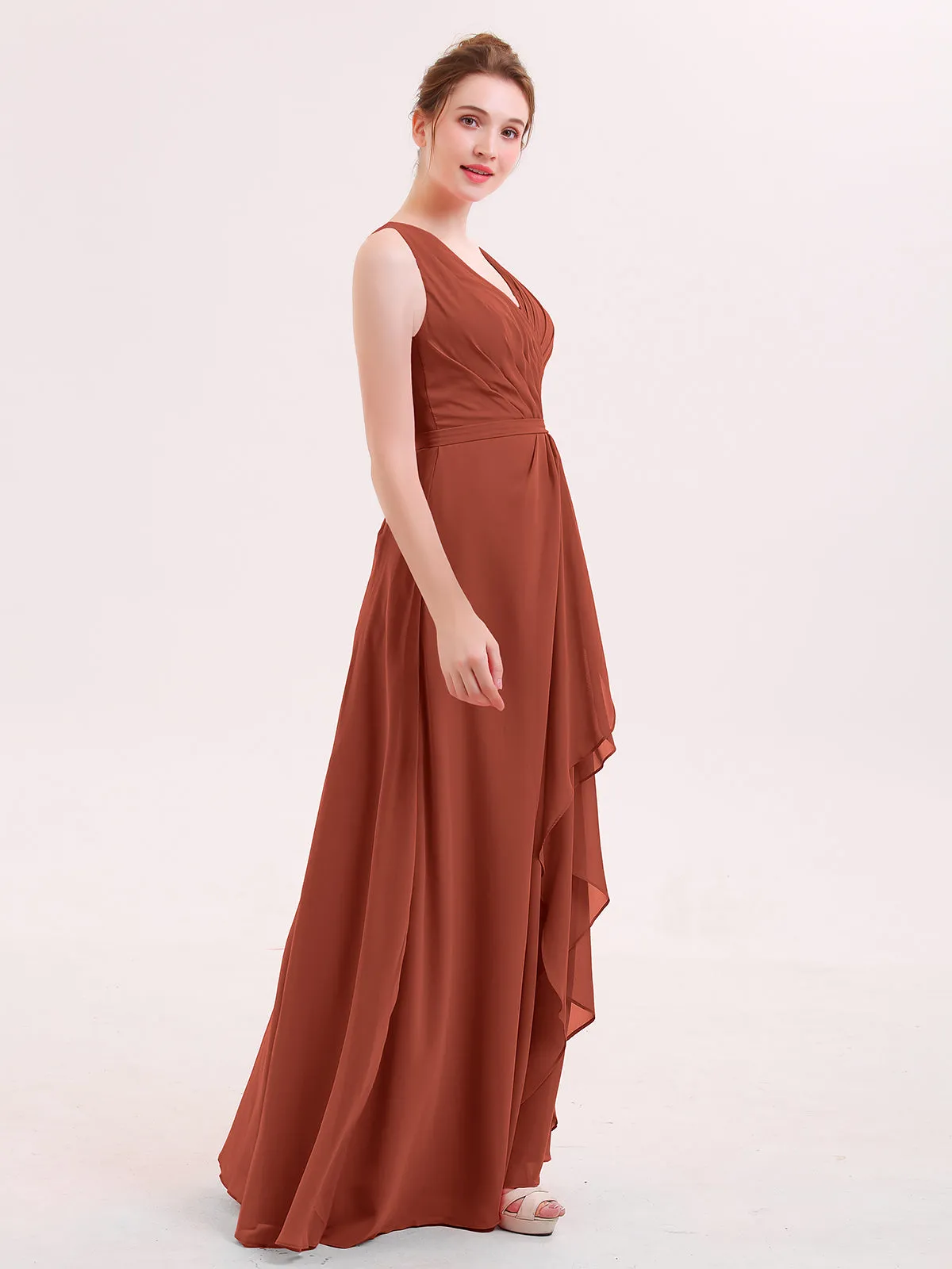 A-line Chiffon Open Back Dress With V-Neck Rust