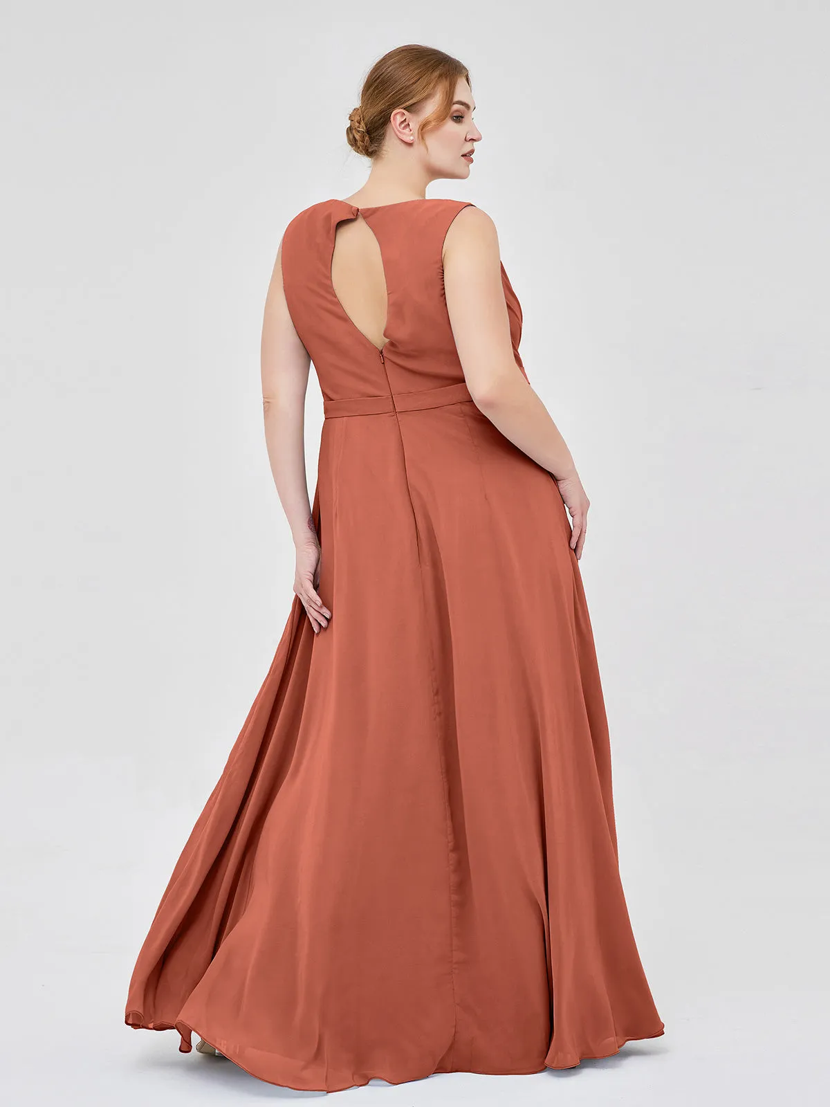 A-line Chiffon Open Back Dress With V-Neck Rust