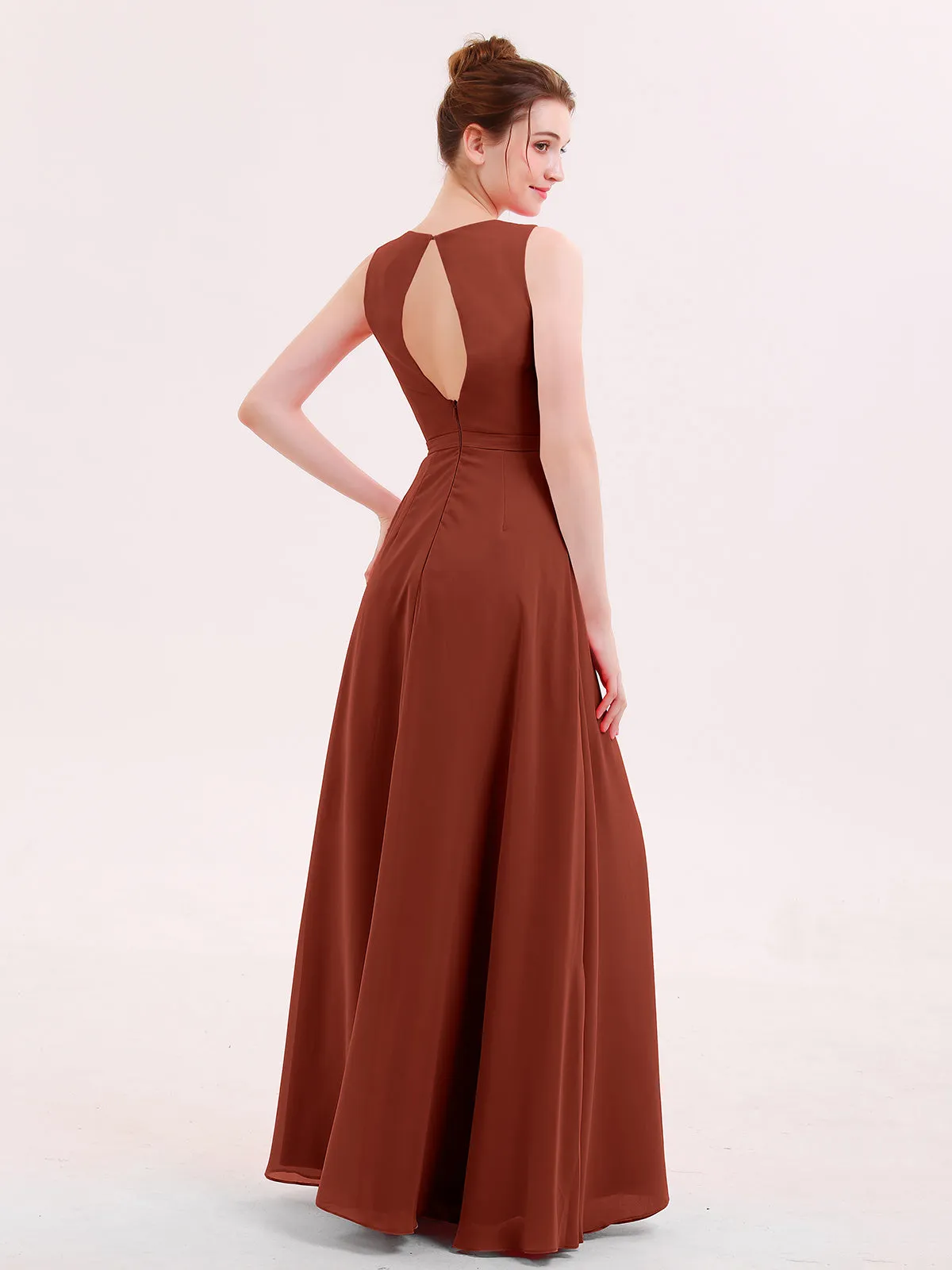 A-line Chiffon Open Back Dress With V-Neck Rust