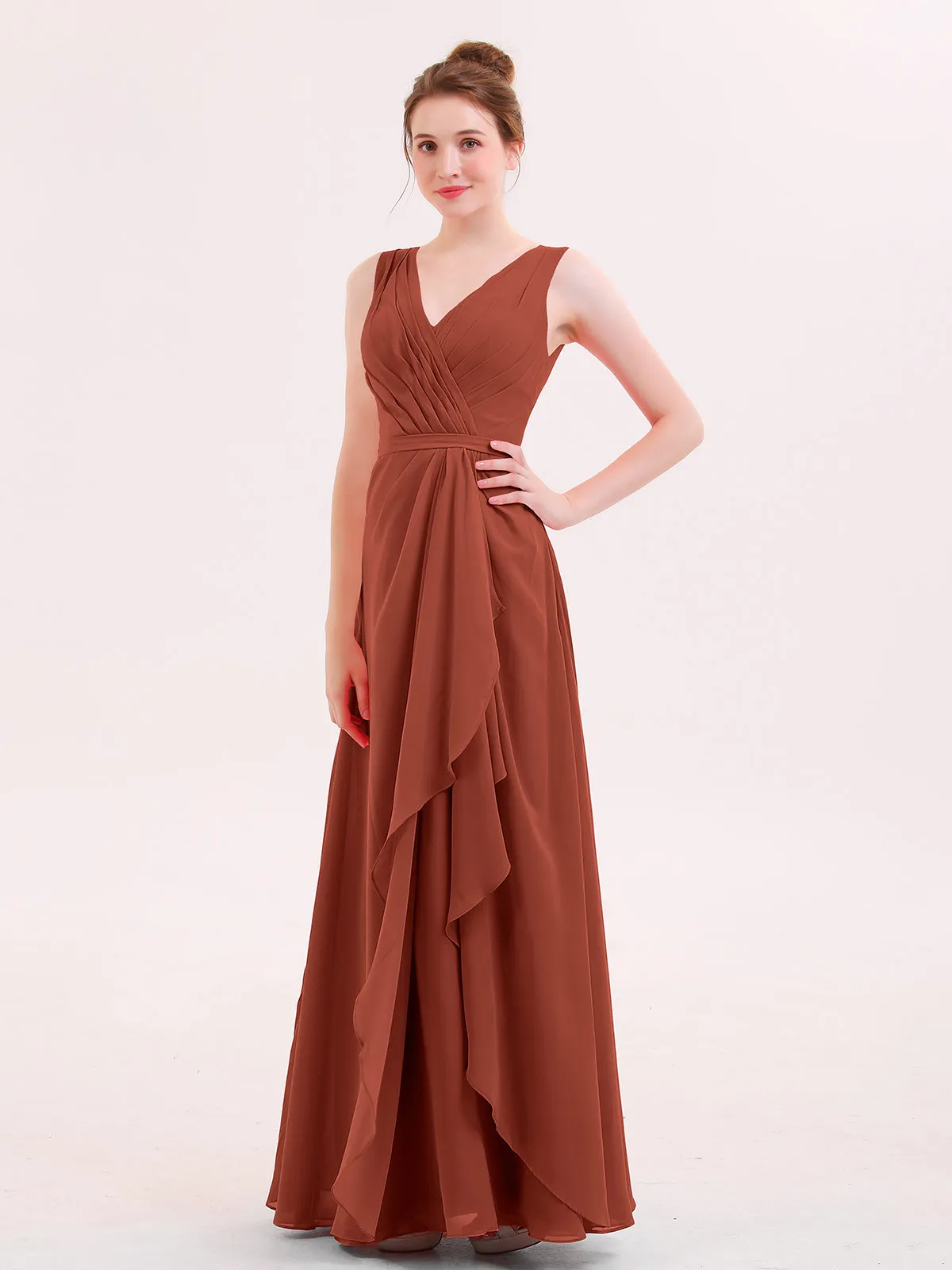 A-line Chiffon Open Back Dress With V-Neck Rust