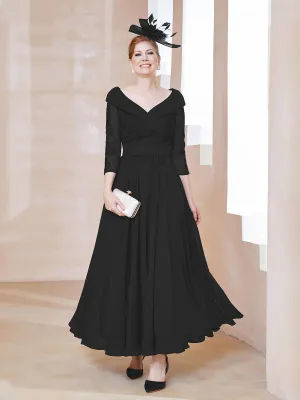 A-line V-neck Appliqued Chiffon Dress Black