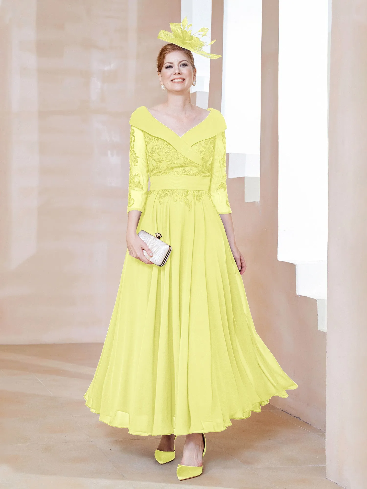 A-line V-neck Appliqued Chiffon Dress Daffodil