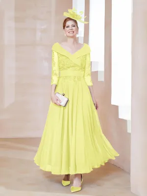 A-line V-neck Appliqued Chiffon Dress Daffodil