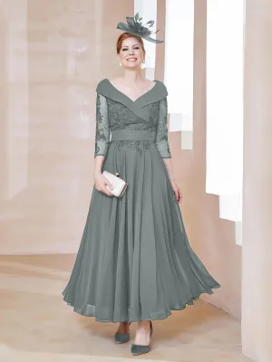 A-line V-neck Appliqued Chiffon Dress Steel Grey