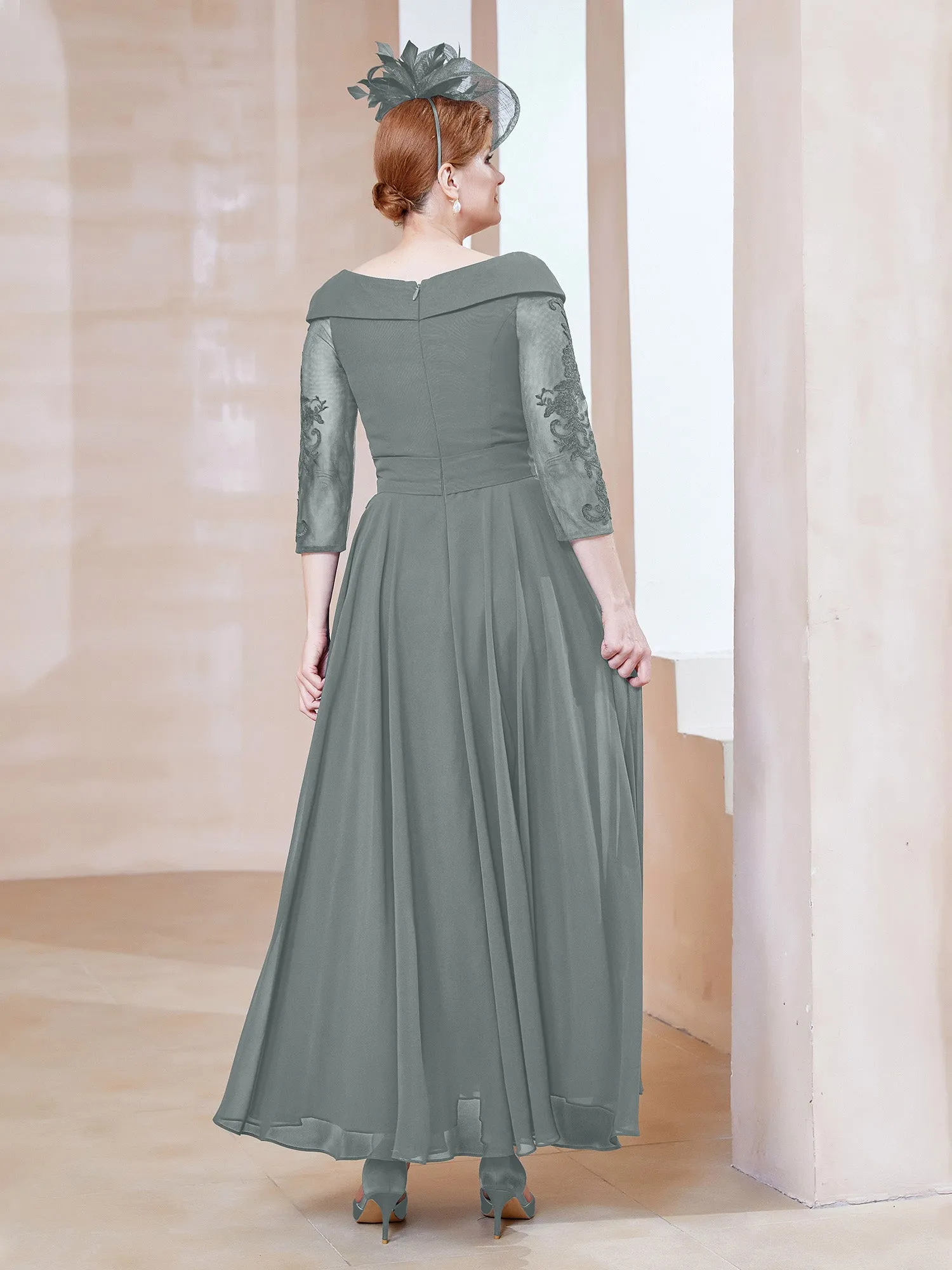 A-line V-neck Appliqued Chiffon Dress Steel Grey