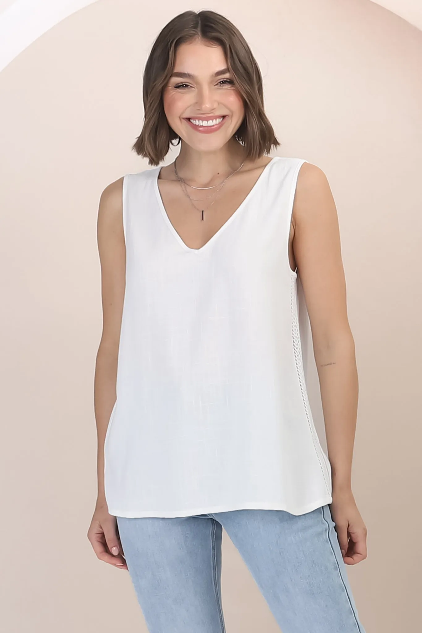 Arlete Top - V Neck Singlet with Lattice Detail Side Seams in White