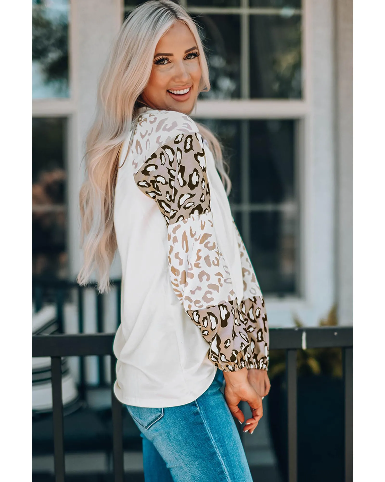Azura Exchange Leopard Print Bubble Sleeve Top - M