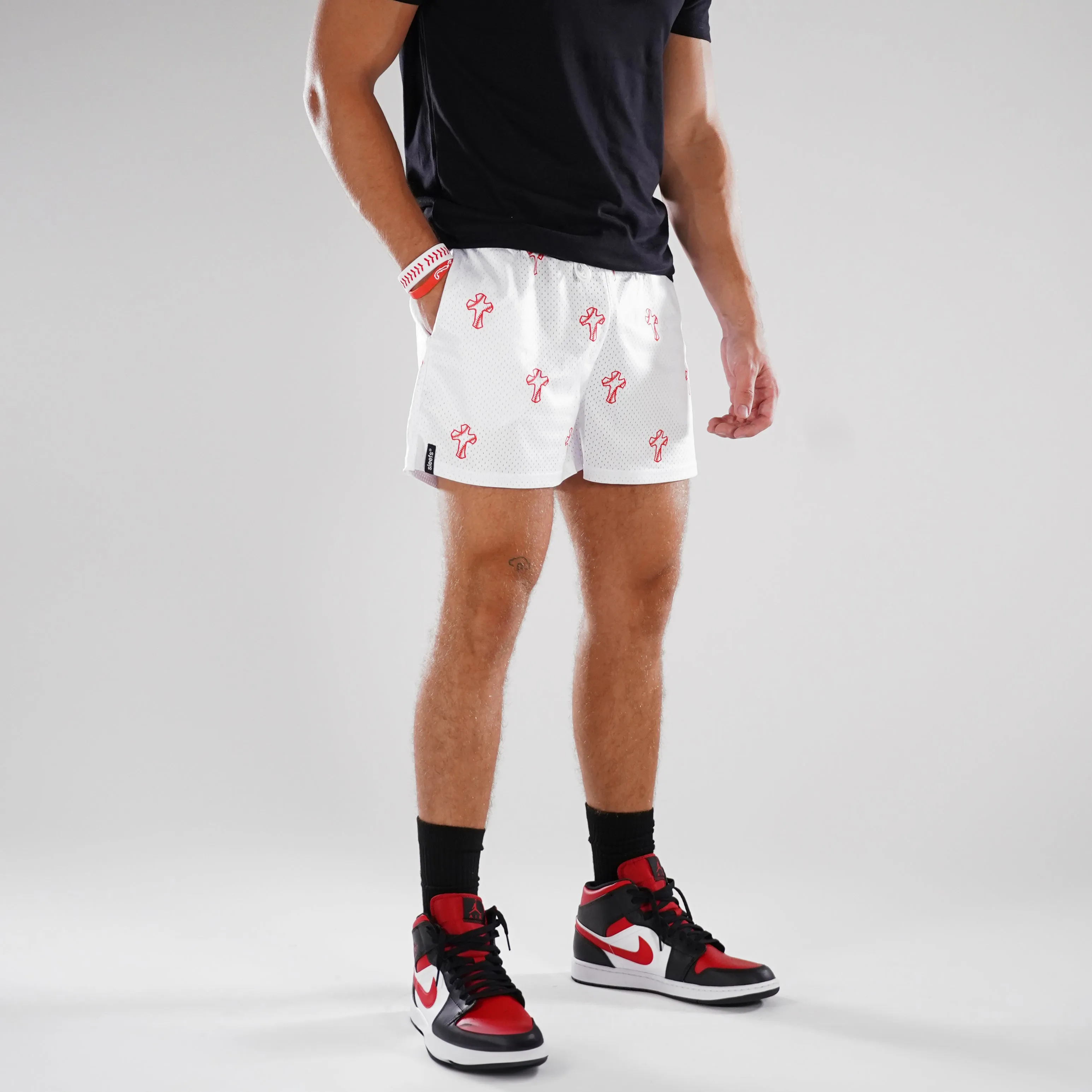 Baseball Cross Pattern White Shorts - 5"