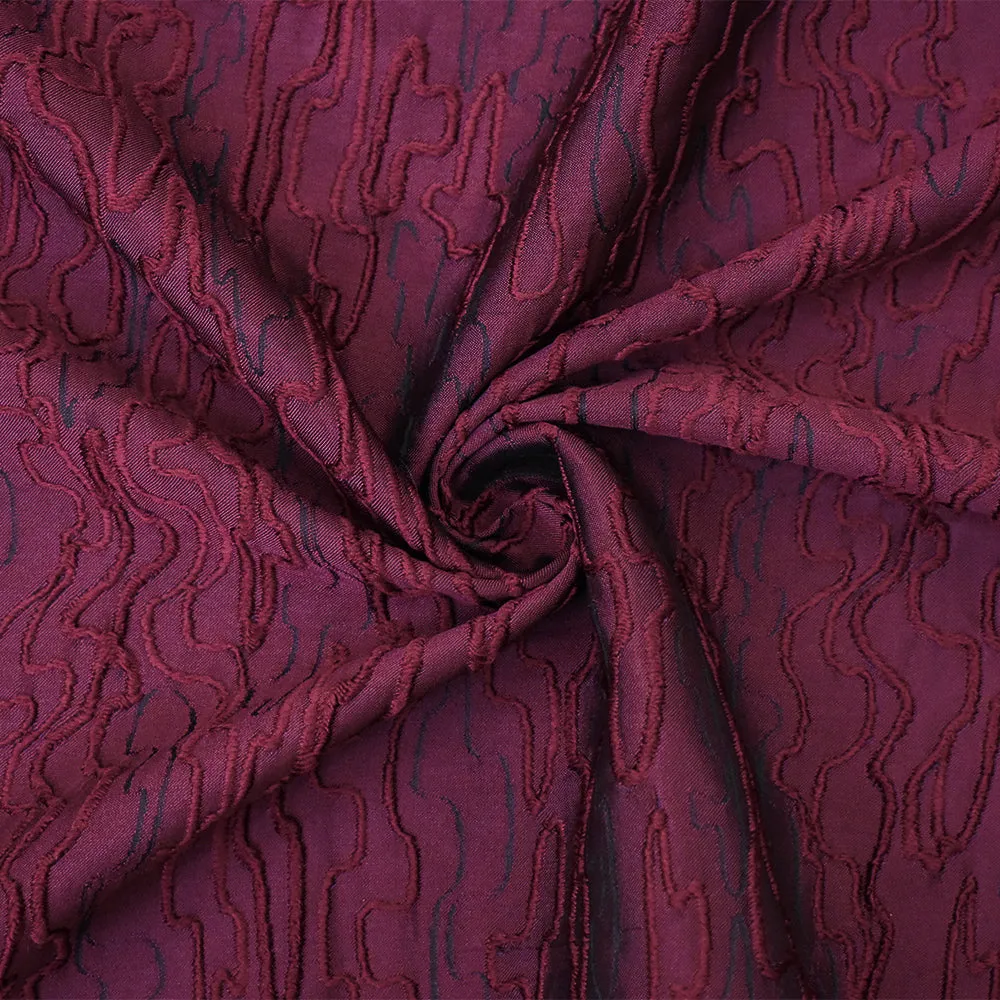 Burgundy Red-Black Polyester Abstract Embroidered Jacquard Woven Fabric