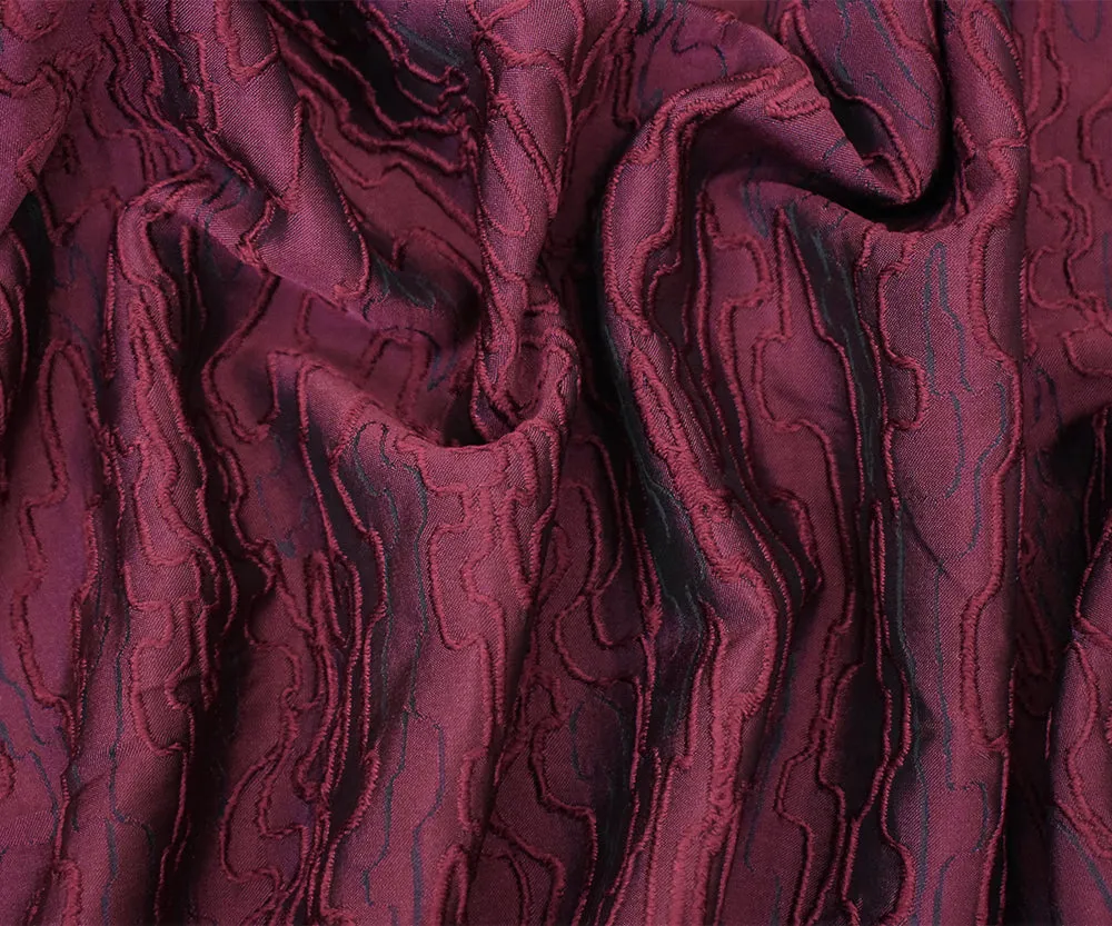 Burgundy Red-Black Polyester Abstract Embroidered Jacquard Woven Fabric