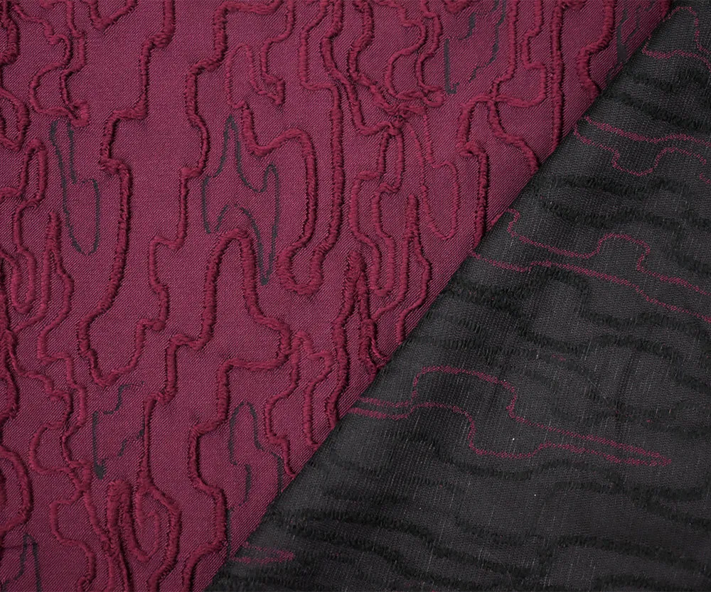 Burgundy Red-Black Polyester Abstract Embroidered Jacquard Woven Fabric