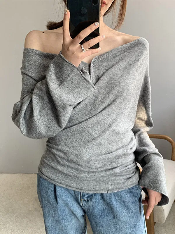 Buttoned Solid Color Long Sleeves Loose V-Neck Cardigan Tops