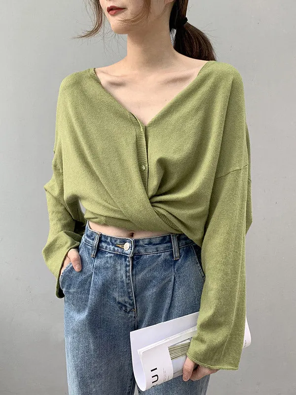 Buttoned Solid Color Long Sleeves Loose V-Neck Cardigan Tops