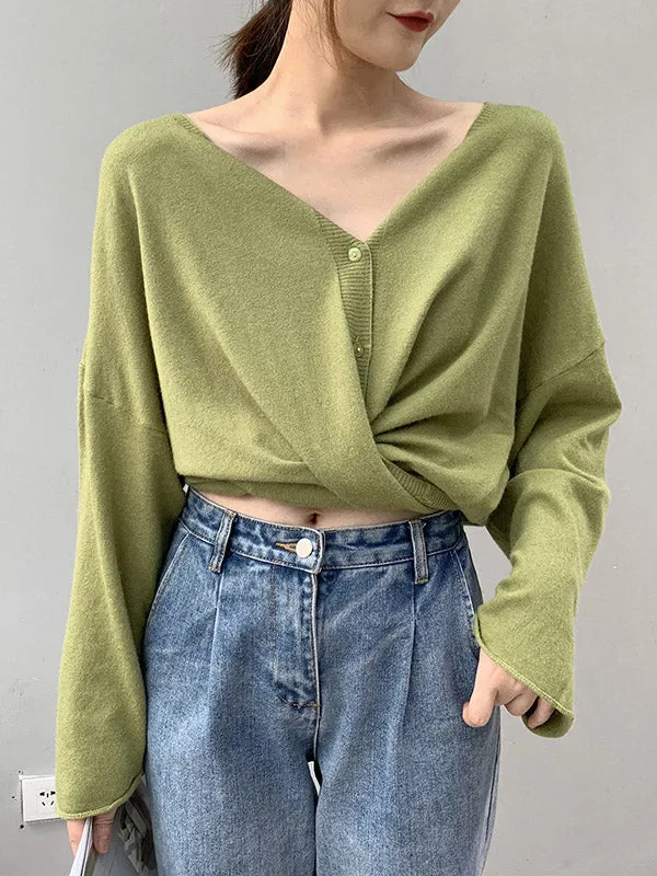 Buttoned Solid Color Long Sleeves Loose V-Neck Cardigan Tops