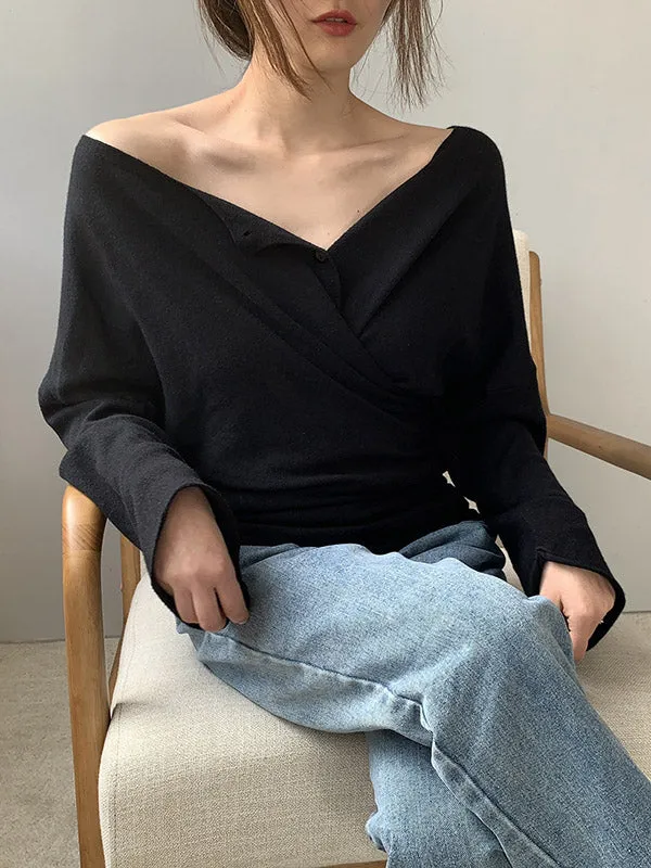 Buttoned Solid Color Long Sleeves Loose V-Neck Cardigan Tops