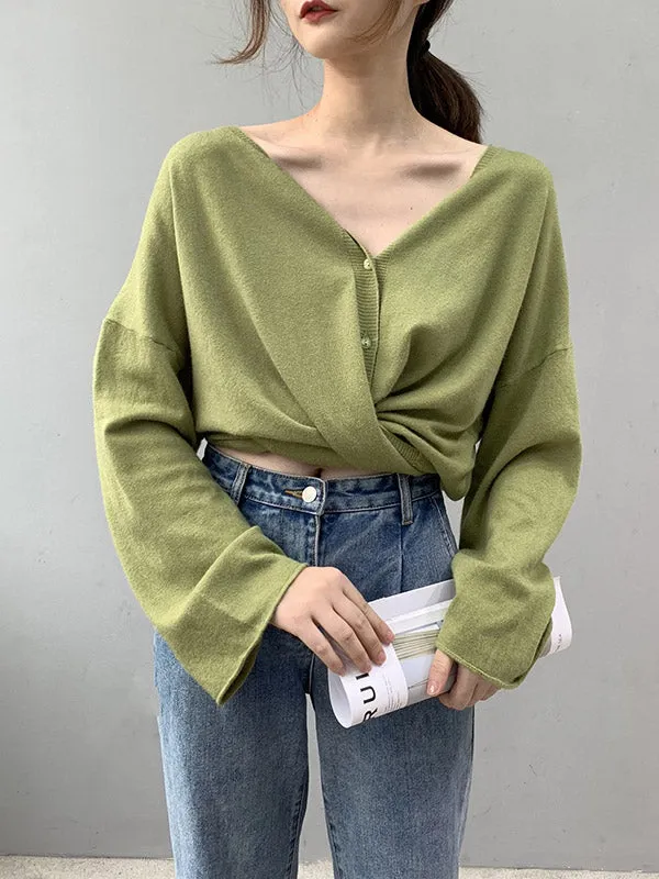 Buttoned Solid Color Long Sleeves Loose V-Neck Cardigan Tops
