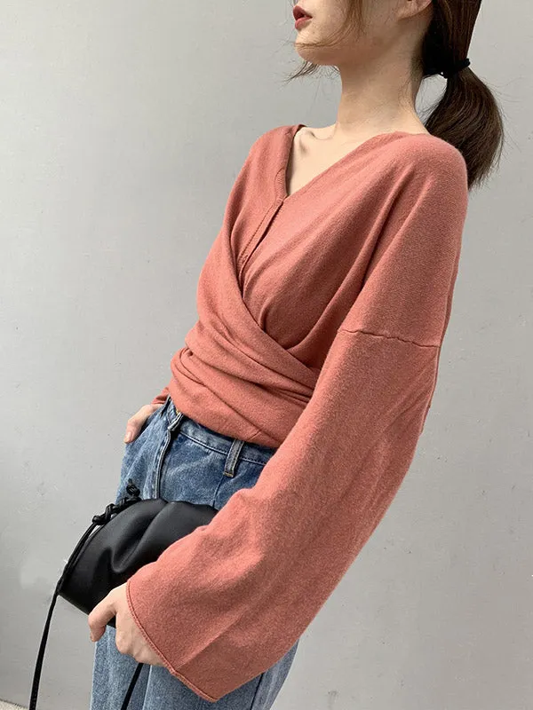 Buttoned Solid Color Long Sleeves Loose V-Neck Cardigan Tops