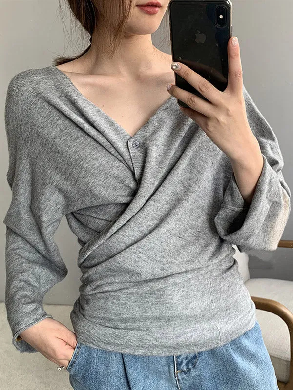 Buttoned Solid Color Long Sleeves Loose V-Neck Cardigan Tops