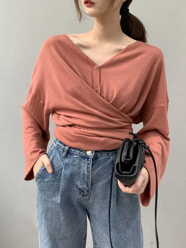 Buttoned Solid Color Long Sleeves Loose V-Neck Cardigan Tops