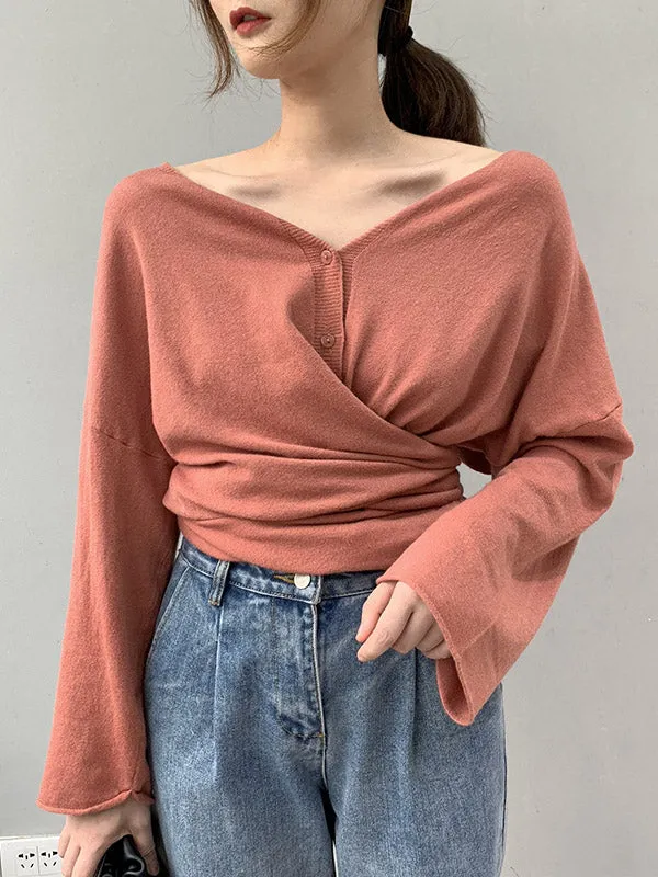 Buttoned Solid Color Long Sleeves Loose V-Neck Cardigan Tops