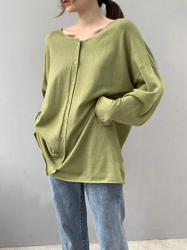 Buttoned Solid Color Long Sleeves Loose V-Neck Cardigan Tops
