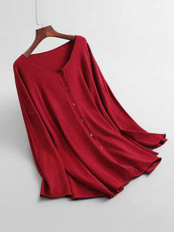 Buttoned Solid Color Long Sleeves Loose V-Neck Cardigan Tops