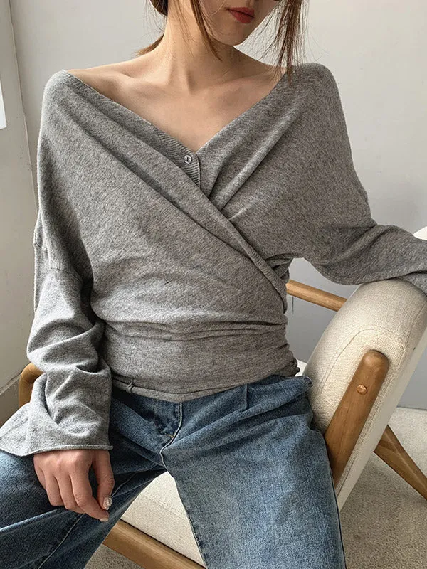 Buttoned Solid Color Long Sleeves Loose V-Neck Cardigan Tops
