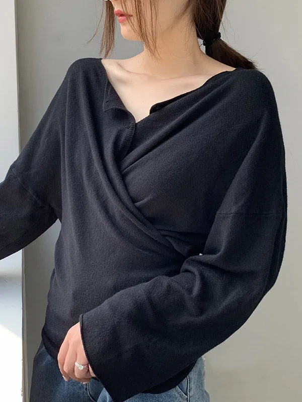 Buttoned Solid Color Long Sleeves Loose V-Neck Cardigan Tops