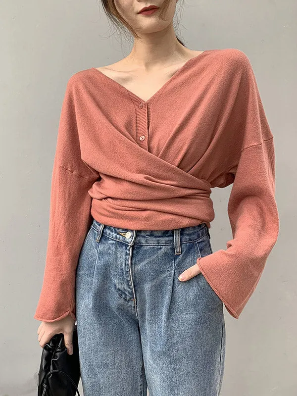 Buttoned Solid Color Long Sleeves Loose V-Neck Cardigan Tops