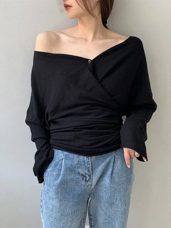 Buttoned Solid Color Long Sleeves Loose V-Neck Cardigan Tops