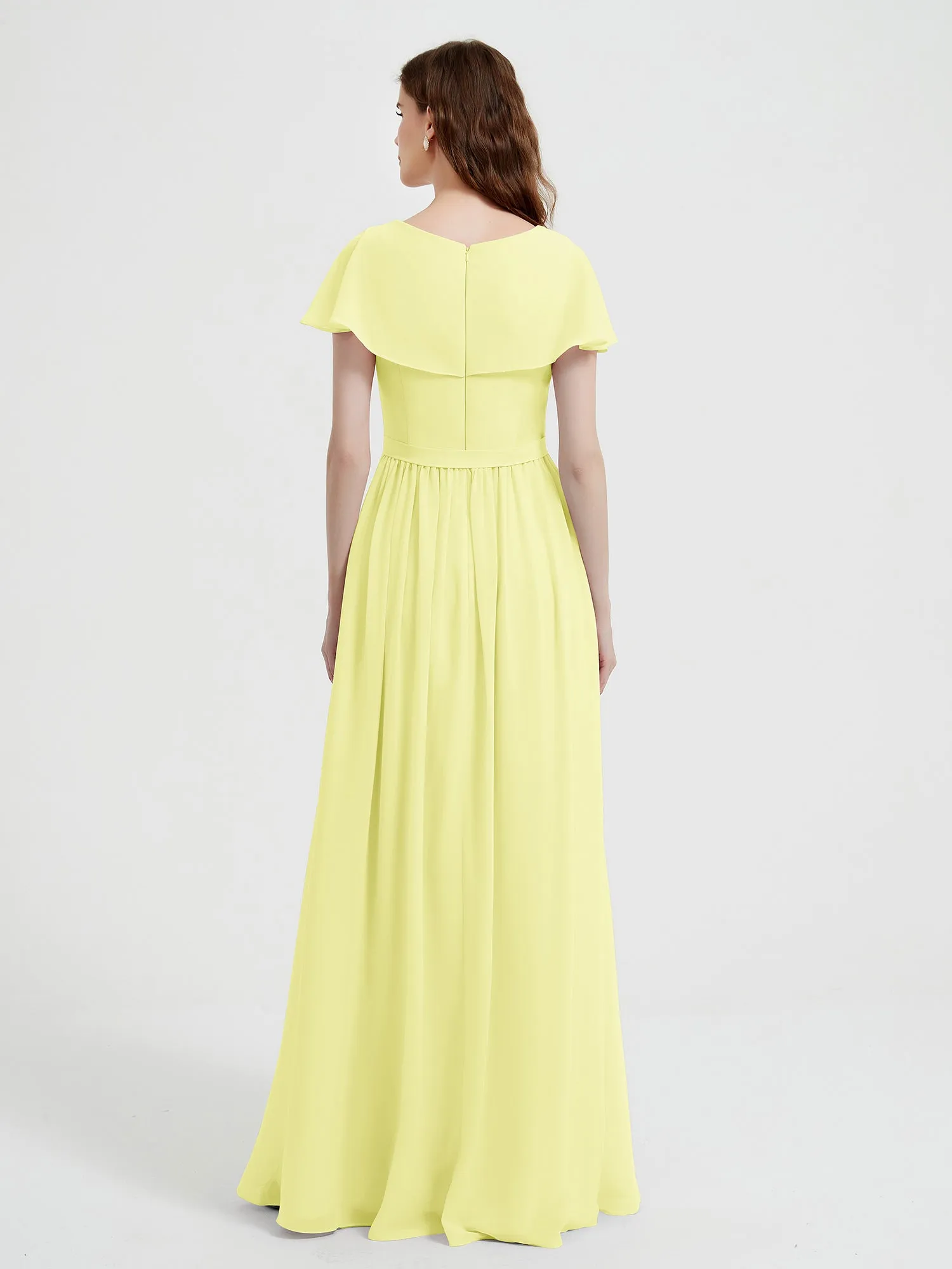 Cap Sleeves Long Chiffon Dresses with Slit-Daffodil