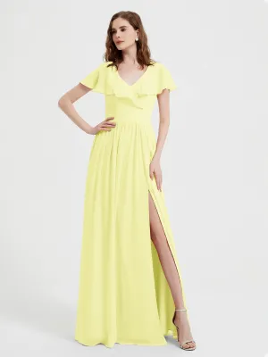 Cap Sleeves Long Chiffon Dresses with Slit-Daffodil
