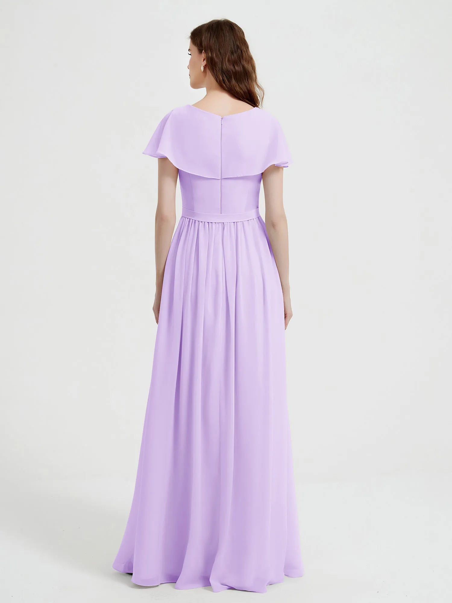 Cap Sleeves Long Chiffon Dresses with Slit-Lilac Plus Size